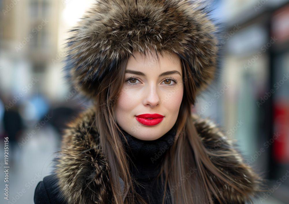 Portrait of a fashionable woman outdoors wearing a fur hat and coat. Her bright red lipstick stands out, adding elegance and warmth to the winter scene. Portrait of a fashionable woman outdoors wearing a fur hat and coat. Her bright red lipstick stands out, adding elegance and warmth to the winter scene.