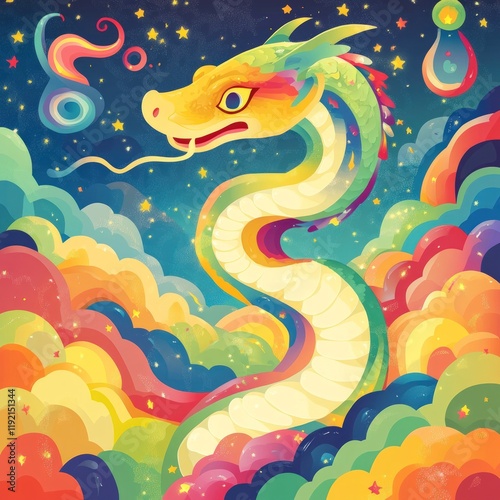 A vibrant, colorful dragon serpent emerges from rainbow clouds and stars.  Its scales shimmer with iridescent hues against a cosmic backdrop.