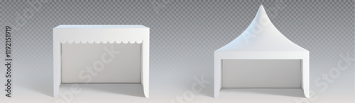 Tent mockups set isolated on transparent background. Vector realistic illustration of 3d booths with blank white surface for branding, canopy for outdoor festival or event in park, market stall