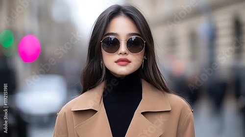 Young woman in a camel coat and sunglasses on a city street.