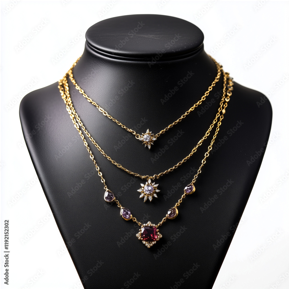 Set of 3 necklaces on a black mannequin, against a white background.Png Set of 3 necklaces on a black mannequin, against a white background.Png