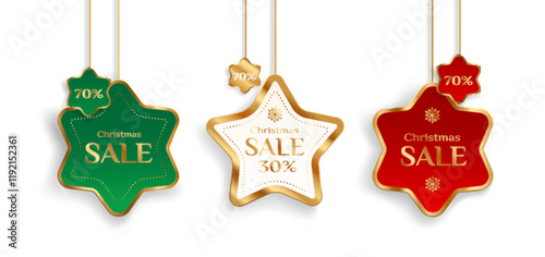 Xmas sale star shaped tags with golden borders in traditional holiday colors - gold, green and red. Realistic 3D decorative hanging price labels with discount percentages and snowflake ornaments.
