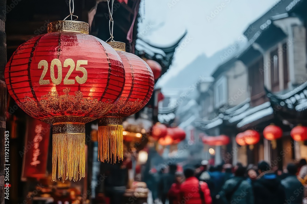 Red and gold lanterns hanging across a vibrant street filled with festive crowds and Red and gold lanterns hanging across a vibrant street filled with festive crowds and