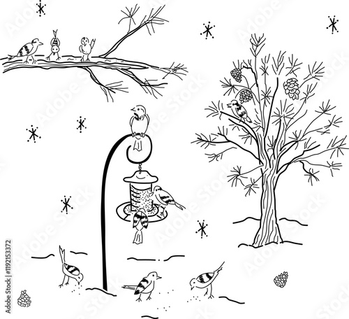 Hand-drawn winter bird vector doodle. Sparrows at bird feeder with pine trees on white background. Snowy winter scene for bird lovers.