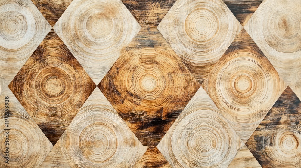 Obraz premium Abstract wooden floor pattern featuring triangular parquet designs with tree ring details, perfect for a natural and contemporary look