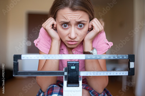 A person sitting on a scale, showing anxiety and obsession with weight