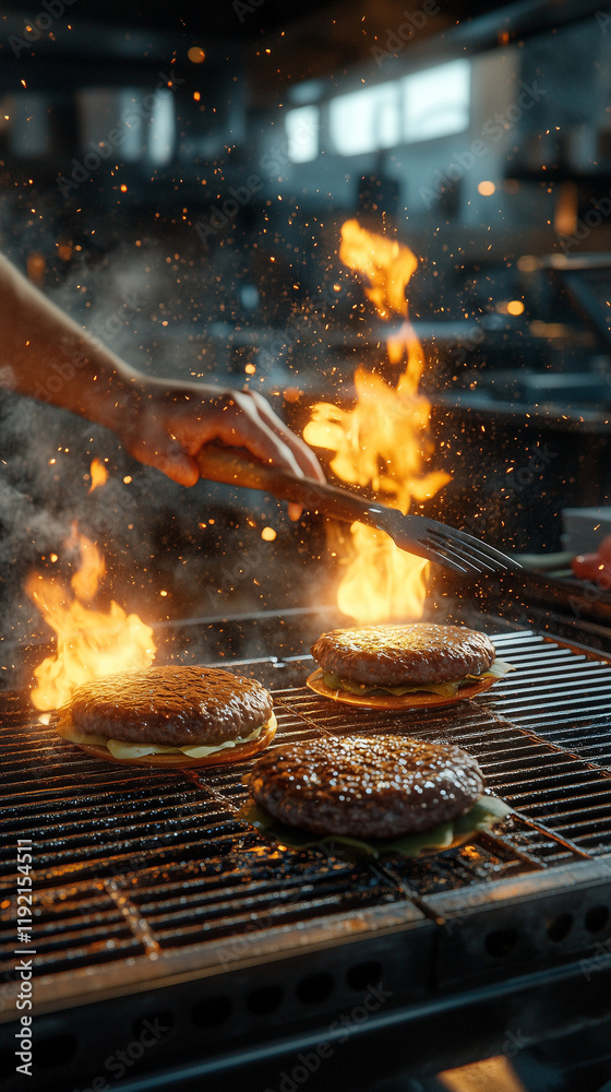 Chef grilling juicy burgers on a flaming barbecue grill in a restaurant kitchen Chef grilling juicy burgers on a flaming barbecue grill in a restaurant kitchen