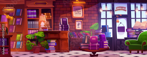 Antique bookstore interior with cozy atmosphere - wooden bookshelves stacked with literature, brick walls decorated by framed pictures, monstera plants in pots,vintage green armchair, table lamps.