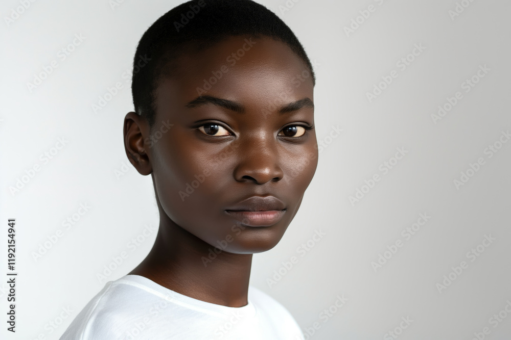 A woman with a shaved head standing in front of a white background. A woman with a shaved head standing in front of a white background.