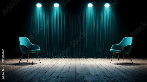 Dramatic interview setup empty stage photo shoot dim lighting front view professional insight