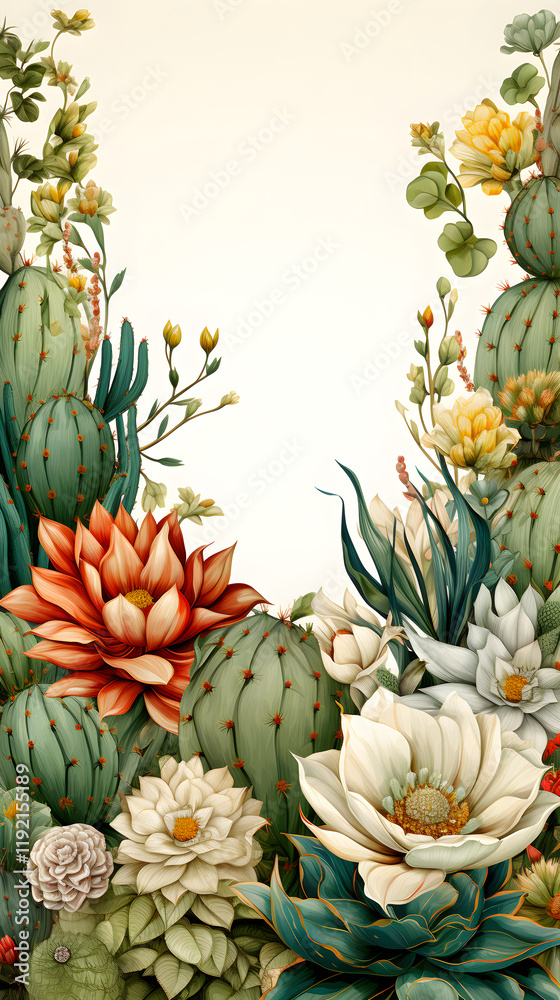 Fototapeta premium Digital watercolor cactus border plant abstract graphic poster background