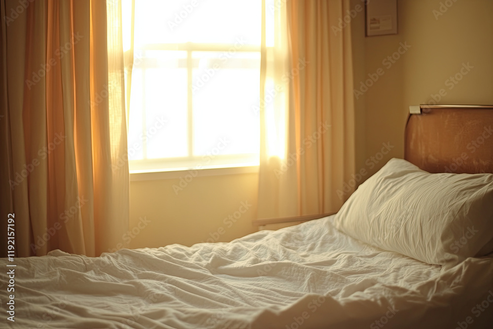 Fototapeta premium An empty hospital bed bathed in a soft, warm glow, suggesting rest and recovery