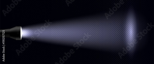 Flashlight beam illumination isolated on transparent background. Vector realistic illustration of hand light beam shining bright in darkness, electric spotlight on surface, investigation search