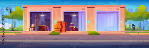 Self storage exterior design - numbered rental units with illuminated interiors, stacked boxes, home stuff and personal belongings. Storage house with electronic locks. Commercial property scenery.