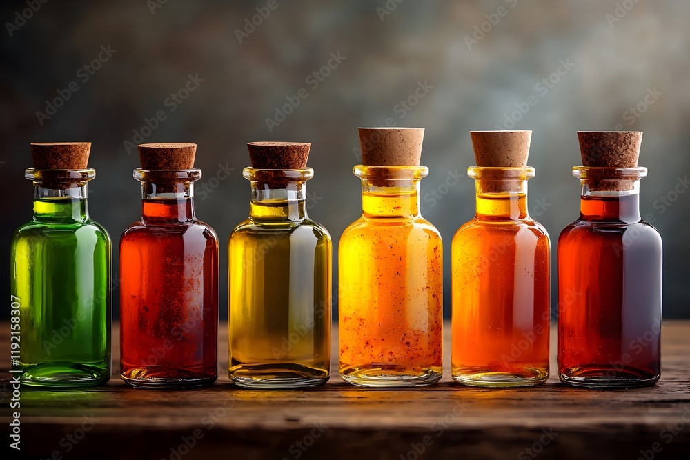 Elegant Arrangement of Spice-Infused Glass Bottles with Olive Oil and Vinegar on Rustic Wooden Tabletop Elegant Arrangement of Spice-Infused Glass Bottles with Olive Oil and Vinegar on Rustic Wooden Tabletop