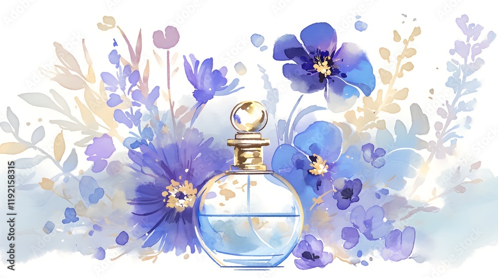Watercolor perfume bottle with floral accents, designed for beauty-related illustrations.