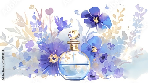 Obraz na płótnie Watercolor perfume bottle with floral accents, designed for beauty-related illustrations. w salonie