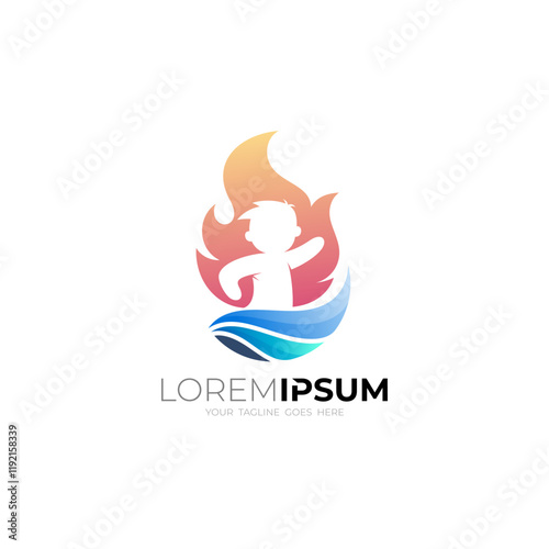 Kids logo and fire design combination, icon of burning enthusiasm