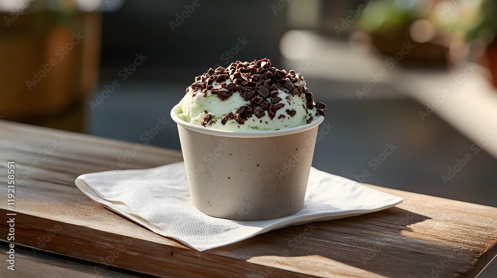 Mint chocolate chip ice cream in a paper cup topped with crushed chocolate chips. Mint chocolate chip ice cream in a paper cup topped with crushed chocolate chips.