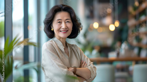 A middle-aged Asian woman, looking at a camera with her arms crossed, is a happy, self-assured, middle-aged, senior female leader. Business successful executive concept. photo