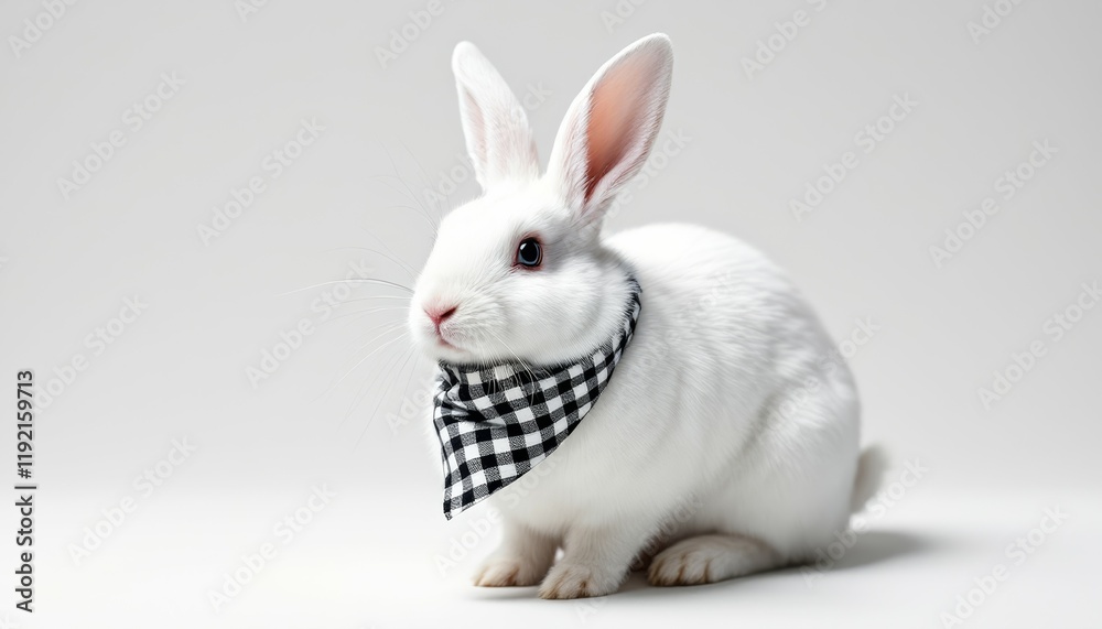 Obraz premium Adorable White Bunny in a Chic Black and White Gingham Bandana