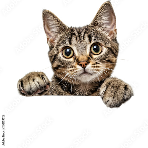 Adorable Tabby Cat with Paws Raised on Transparent Background