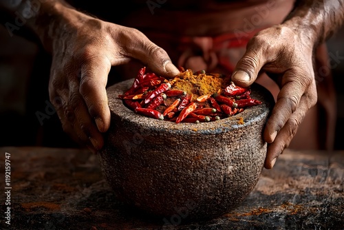 Hands Kneading Dried Chilies and Spices in a Rough Hewn Stone Mortar,Cinematic Cooking Ritual photo