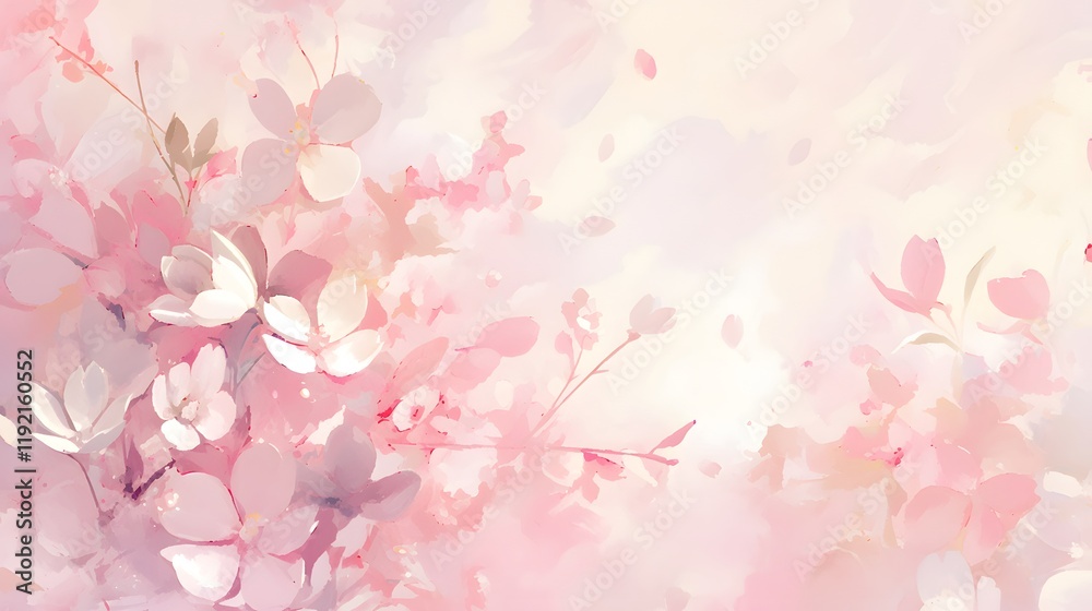 White and pink flowers blending softly into a watercolor background with blurred edges, perfect for elegant designs