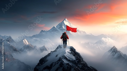 Determined Hiker Conquers Iconic Flag Topped Mountain Peak in Rugged Alpine Terrain