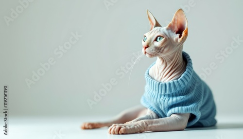 Elegant Sphynx Cat in a Blue Sweater: Serene Pet Portrait photo