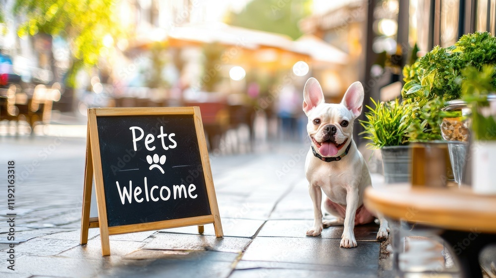 Discover a charming pet-friendly cafe where furry friends are wholeheartedly welcome, featuring a cute dog next to a sign inviting all pets to enjoy a lovely day out in the sunlit plaza.