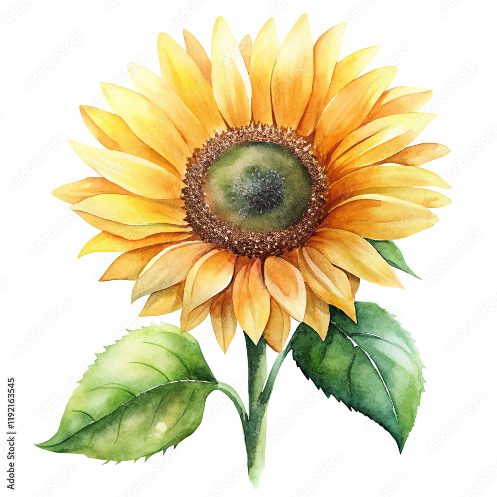 Fototapeta premium botanical illustration, vibrant sunflower, golden yellow petals, textured center, green leaves, realistic rendering