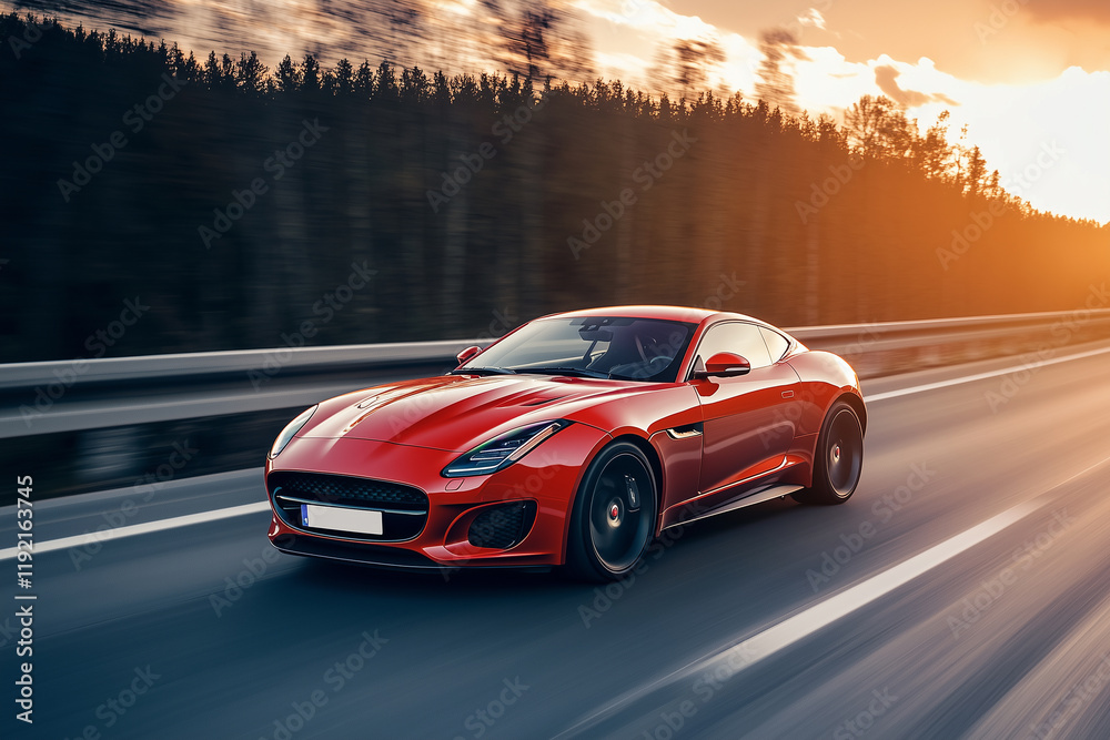 Naklejka premium sunset, car driving in motion, car on high speed . rushing along a high-speed highway. banner