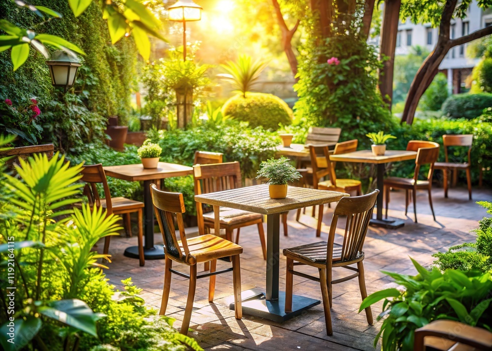 Fototapeta premium Empty Cafe Garden: Outdoor Dining, Wooden Tables, Lush Greenery, Elegant Setting