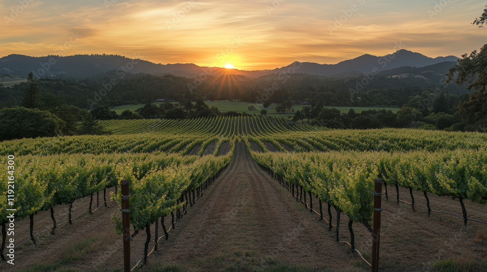 Fototapeta premium Sunset vineyard landscape photography napa valley nature scene serene environment panoramic view tranquility concept