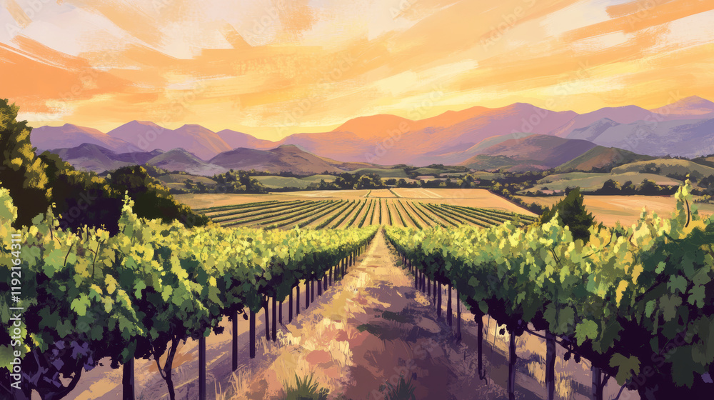 Naklejka premium Sunset vineyard view scenic vineyard digital art serene landscape aerial perspective natural beauty
