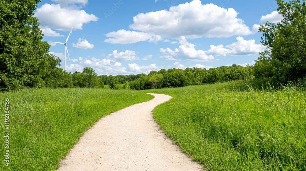 A serene pathway winds through lush greenery under a bright blue sky, dotted with fluffy clouds and a wind turbine in the distance. A serene pathway winds through lush greenery under a bright blue sky, dotted with fluffy clouds and a wind turbine in the distance.
