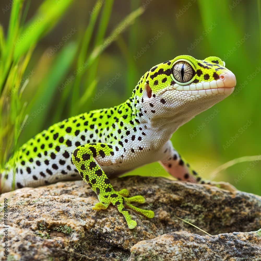 Naklejka premium Vivid green frog observing nature tropical rainforest wildlife lush environment close-up nature conservation