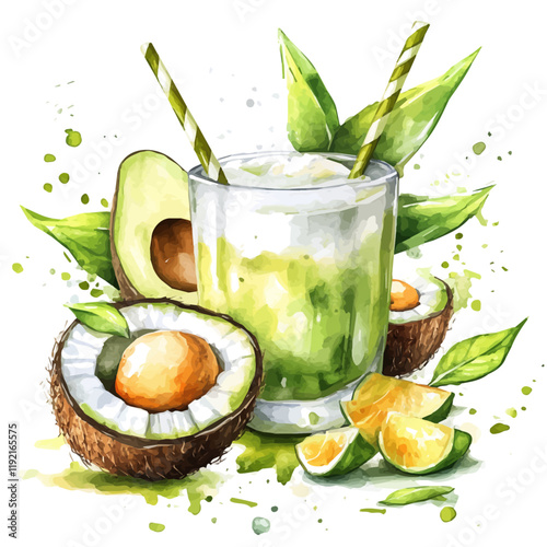 A watercolor vector of Avocado Coconut Juice, isolated on a white background. Avocado Coconut Juice vector.
