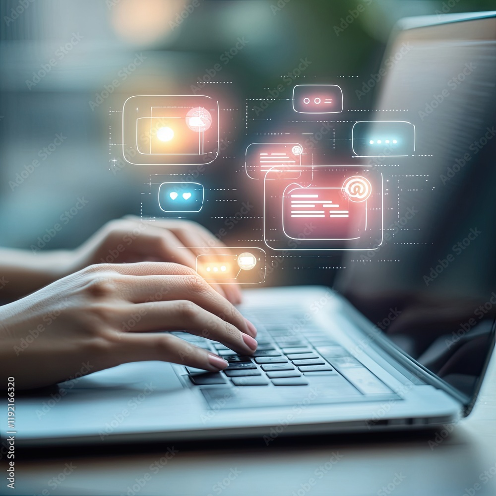 Obraz premium Person hand using laptop typing into chat, chatting conversation in chat bubble pop-up. Social media maketing concept.
