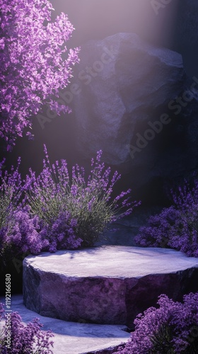 Lavender blossoms surround a serene stone pedestal in a tranquil garden at dusk