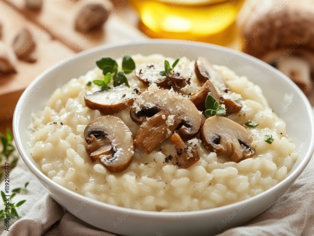 A flavorful bowl of risotto with wild mushrooms and truffle oil. Featuring a rich and indulgent Italian dish. Highlighting a luxurious and satisfying meal. Ideal for gourmet recipes and fine dining. A flavorful bowl of risotto with wild mushrooms and truffle oil. Featuring a rich and indulgent Italian dish. Highlighting a luxurious and satisfying meal. Ideal for gourmet recipes and fine dining.