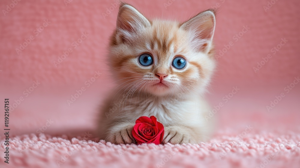Adorable kitten with blue eyes and rose on soft pink backdrop Adorable kitten with blue eyes and rose on soft pink backdrop