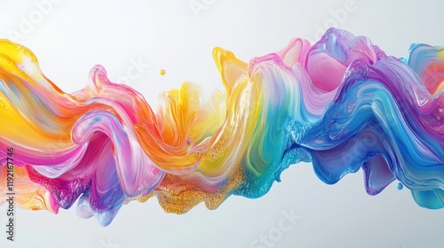 A dynamic rainbow-colored paint splash, blending seamlessly with fluid motion and bright hues, set against a white background photo