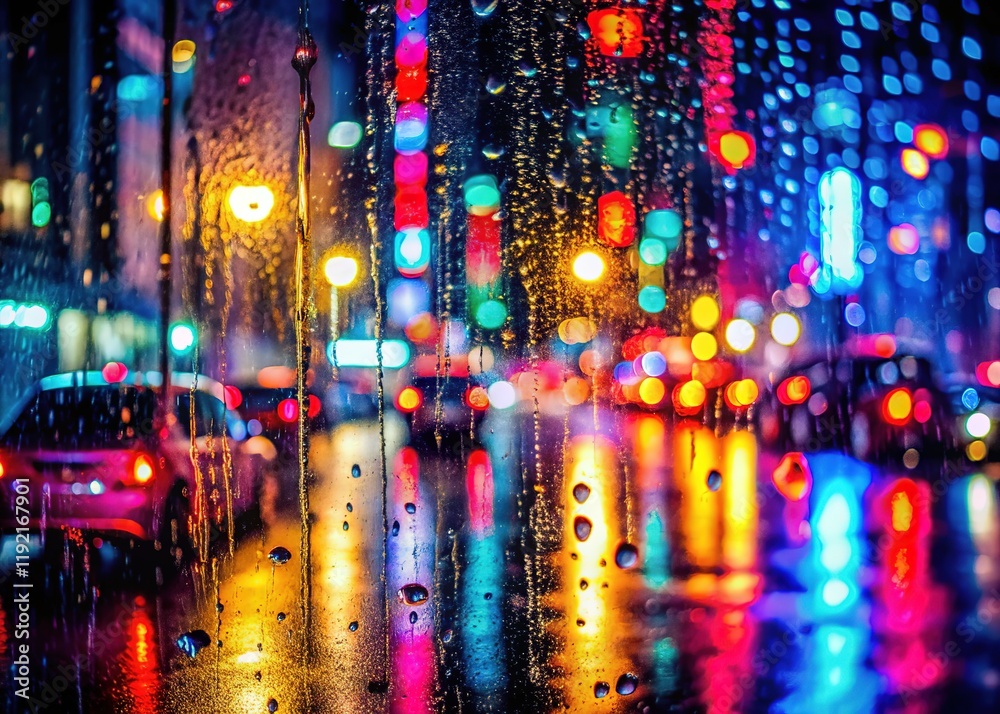 Naklejka premium Neon Rain Night Cityscape - Glass Window Reflections, Atmospheric Rain Photography
