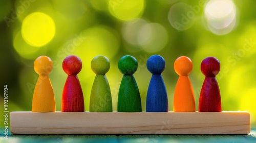 A dynamic row of colorful wooden employee figures on a wooden base, set against a bright green bokeh background, illustrating harmony and diversity photo