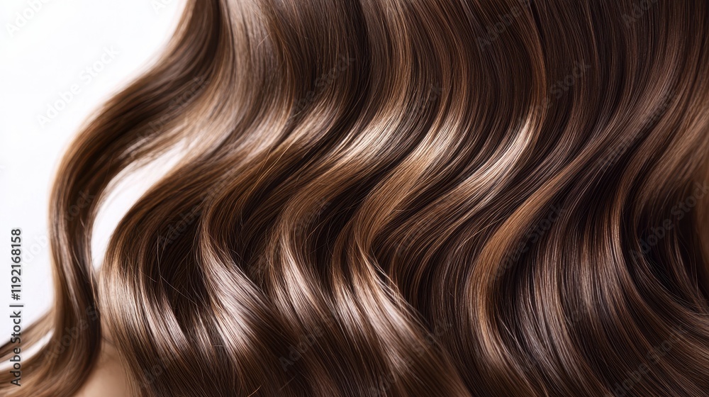 Fototapeta premium Beautiful model girl with Brown hair strand,silky healthy chestnut wavy hair strand,hair wavy ribbon, with smooth,Keratin straightening,Treatment,straight long hair,procedures,Smooth hairstyle.