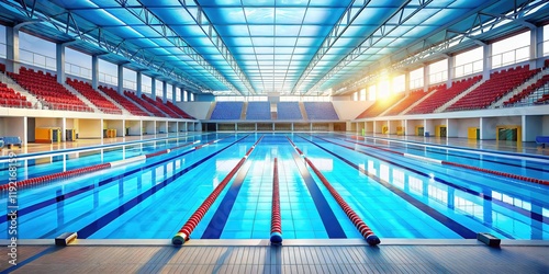 Olympic Swimming Pool: Crystal Clear Water, Empty Stands, Sunlit Day