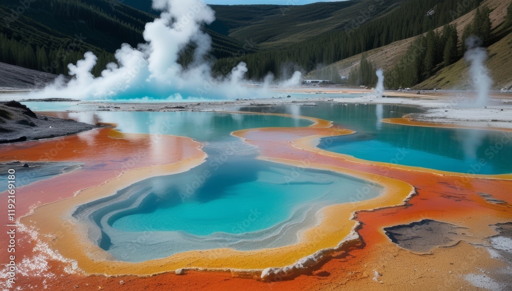 Geothermal landscape featuring vibrant turquoise pools and orange mineral deposits with steam rising Geothermal landscape featuring vibrant turquoise pools and orange mineral deposits with steam rising