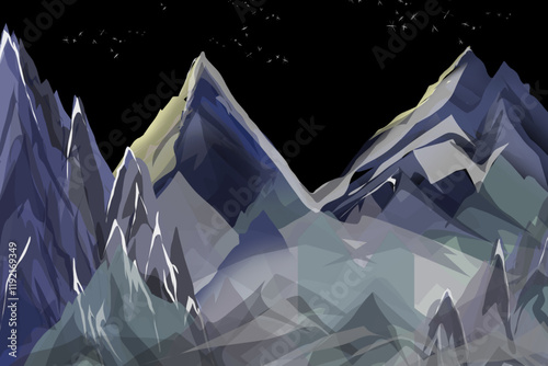 snow mountain view at night with starlight in the dark sky